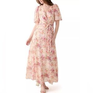 Maison Tara Flutter Sleeve Floral Lurex Chiffon Wrap Maxi Dress Size 16 NWT